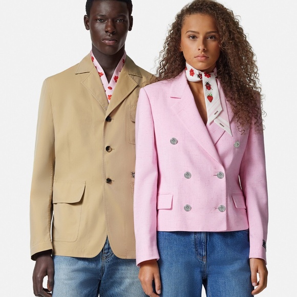 Versace Strawberry Garden Silk Skinny Twill Scarf Tie Logo Pink Red NWT - Picture 4 of 16